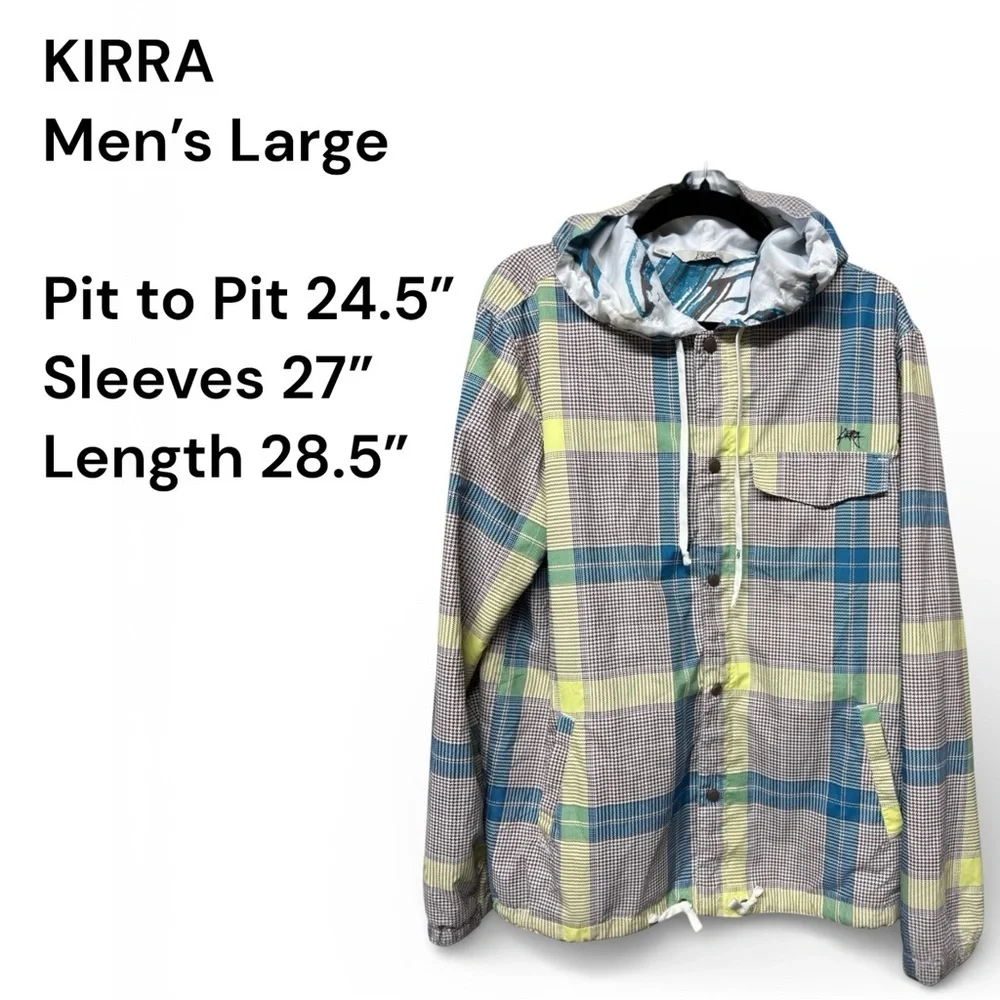 Kirra Men’s Lightweight Hooded Plaid Windbreaker Jacket Large Snap Front Lined